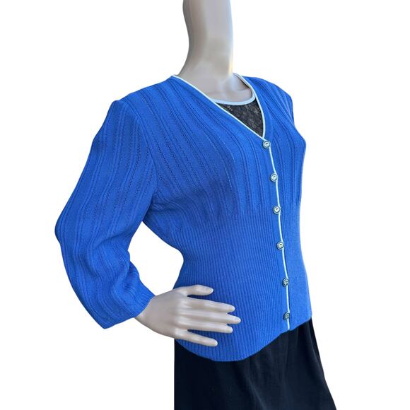 St. John Size 12 Cardigan Cobalt Blue Knited 3/4 Sleeve V-Neck Jacket CR 2003 - Picture 2 of 10